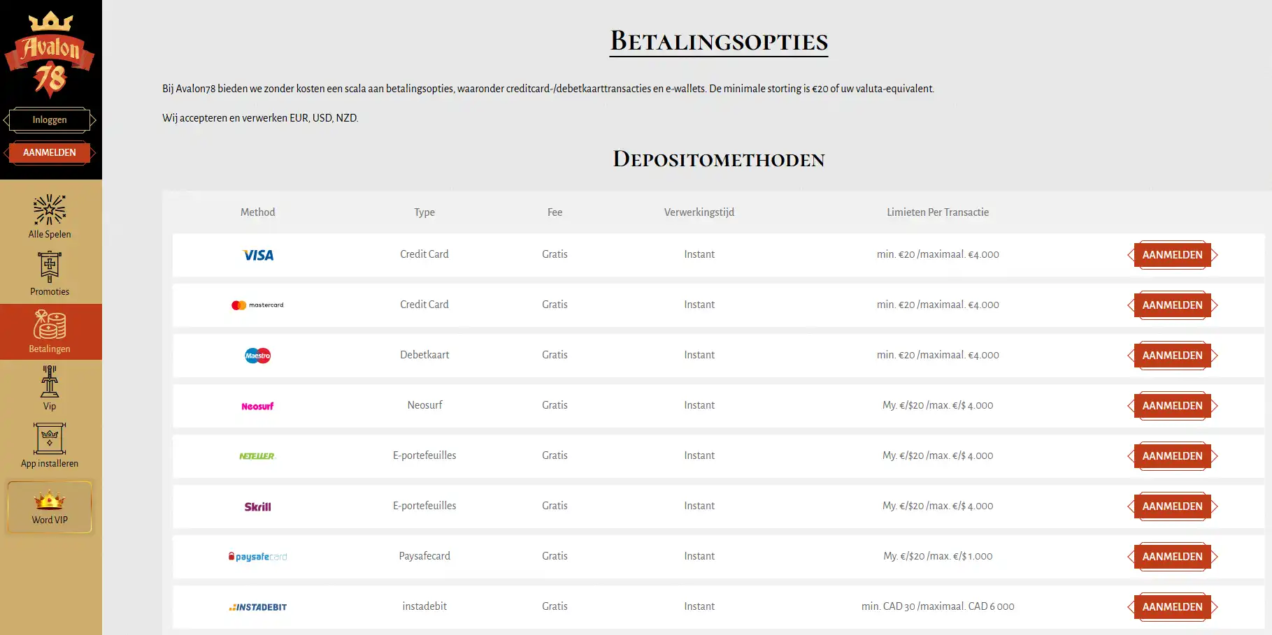 Weergave van de actuele Avalon78 betaalpagina met beschikbare betaalopties