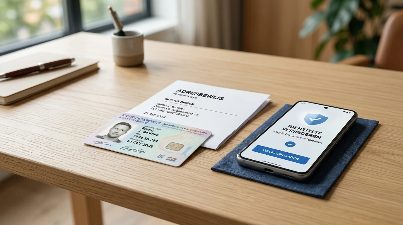 Illustratie van identiteitscontrole met identiteitsbewijs en adresbewijs zonder echte persoonsgegevens