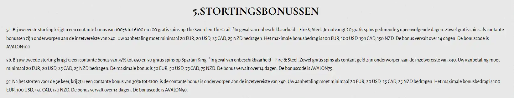 Weergave van de actuele officiële Avalon78 bonusvoorwaarden