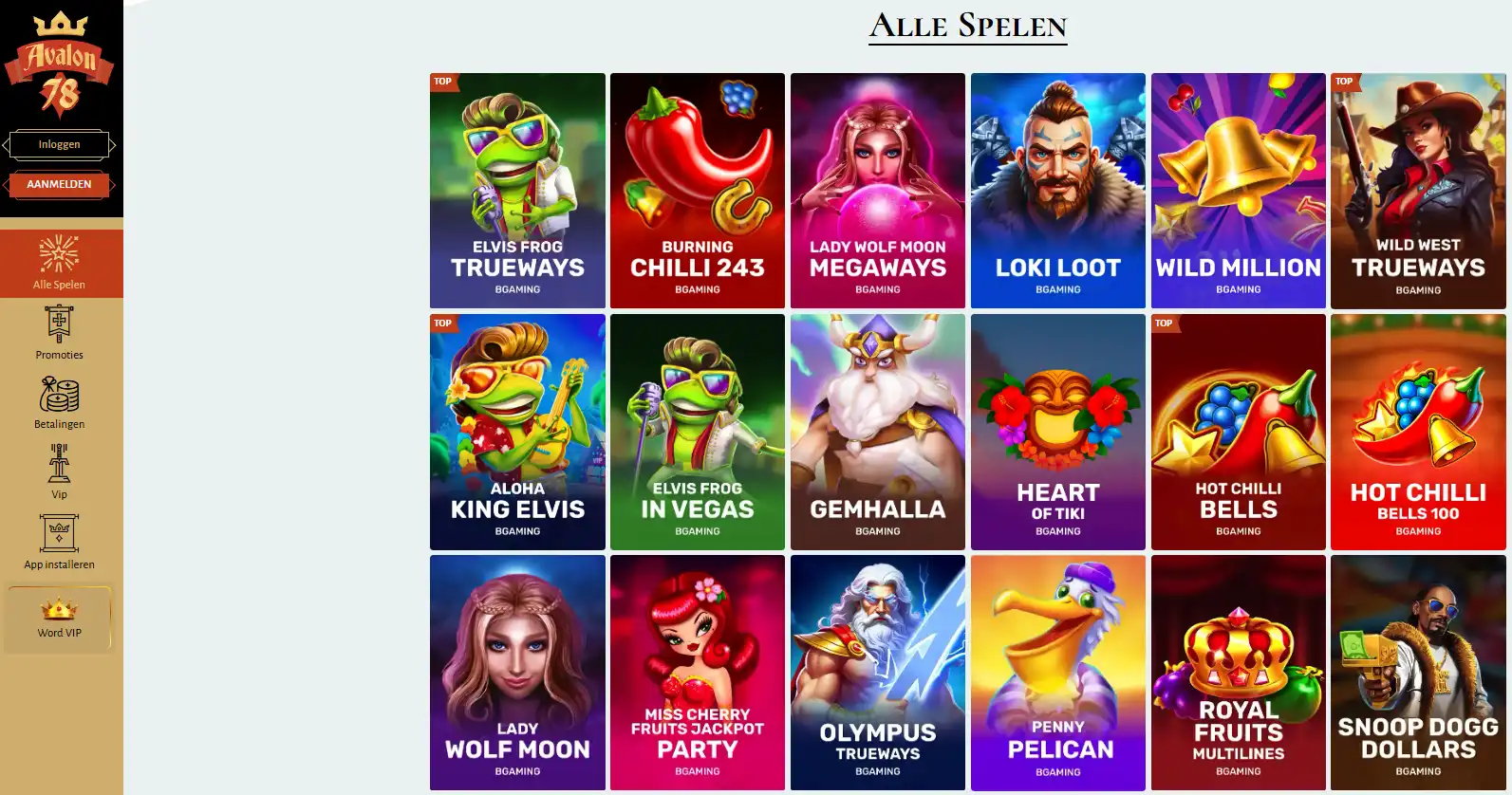 Weergave van de Avalon78 spellobby met categorieën en providerfilters