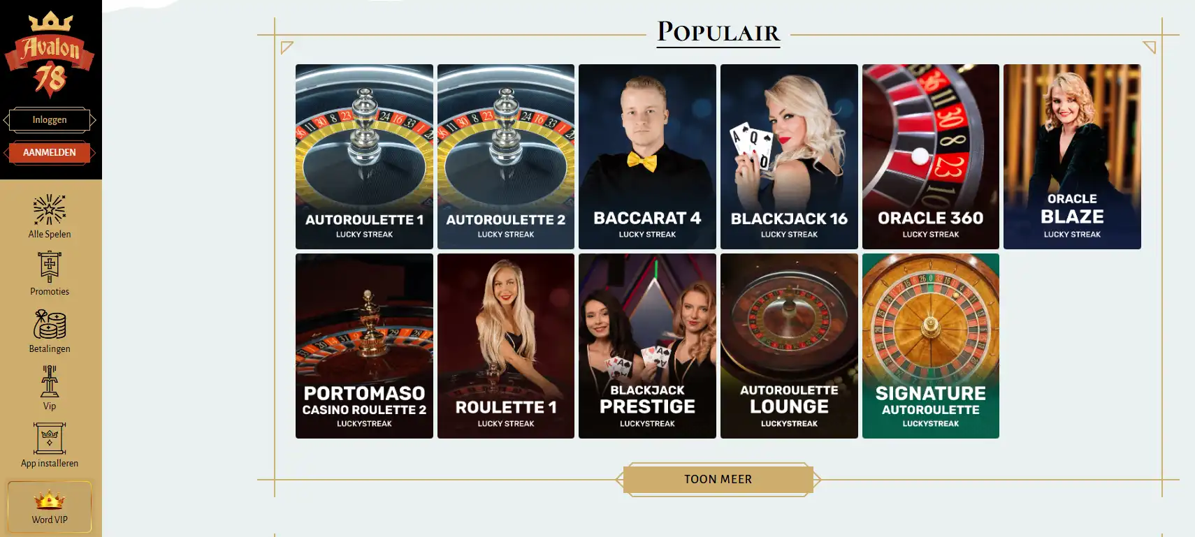 Weergave van de actuele Avalon78 live-casino lobby