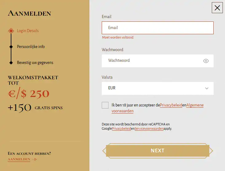 Avalon78 registratieformulier voor het aanmaken van een account