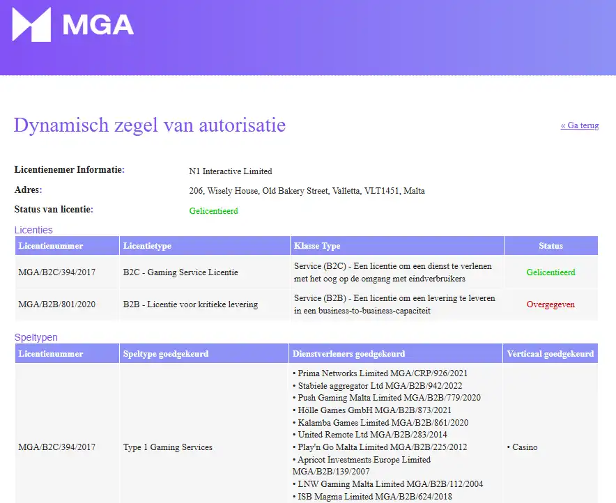 Weergave van het MGA-register voor N1 Interactive en Avalon78